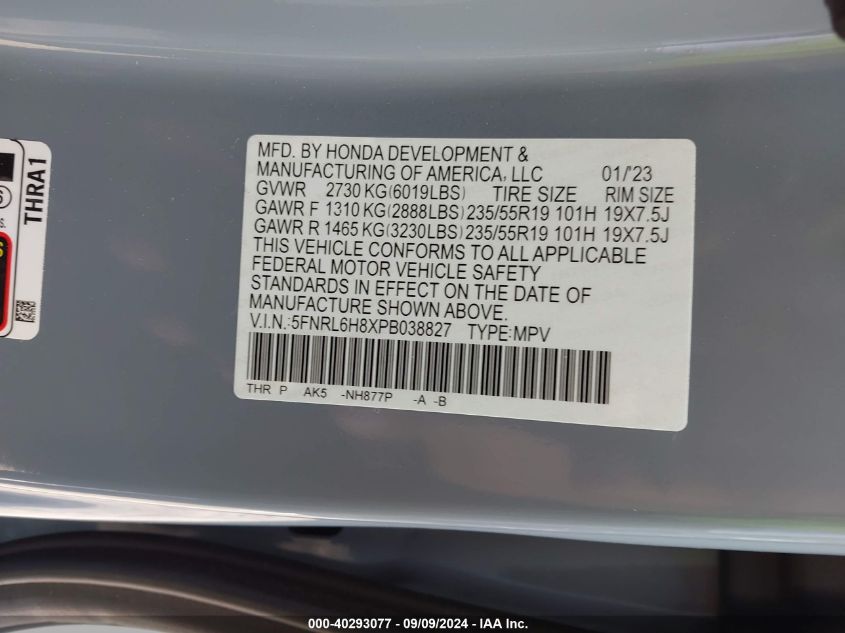 2023 Honda Odyssey Touring VIN: 5FNRL6H8XPB038827 Lot: 40293077