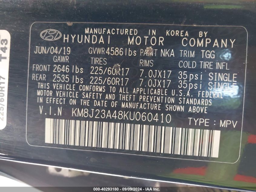 KM8J23A48KU060410 2019 Hyundai Tucson Se