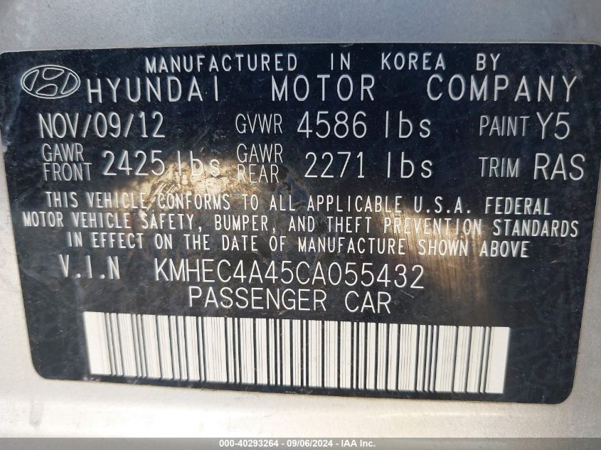 2012 Hyundai Sonata Hybrid VIN: KMHEC4A45CA055432 Lot: 40293264