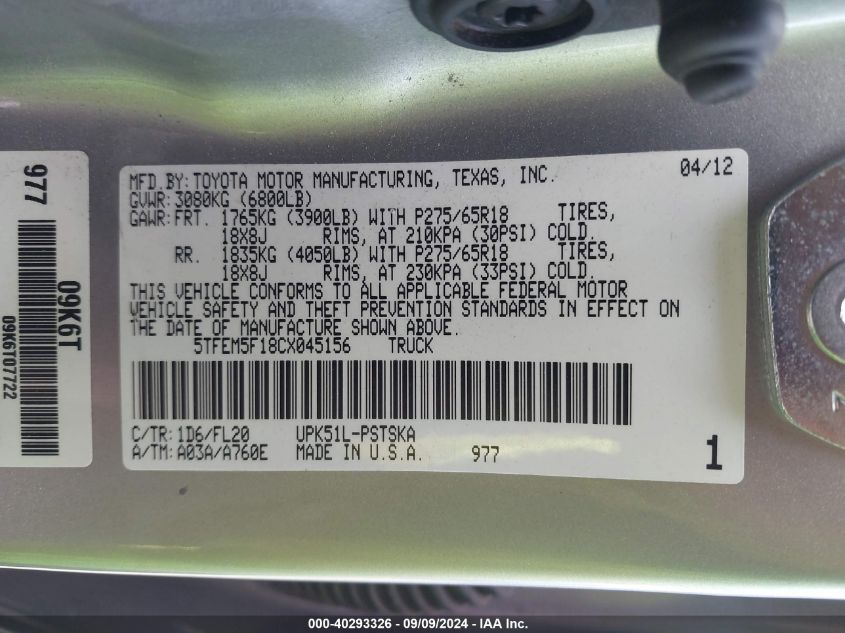 5TFEM5F18CX045156 2012 Toyota Tundra Grade 4.6L V8