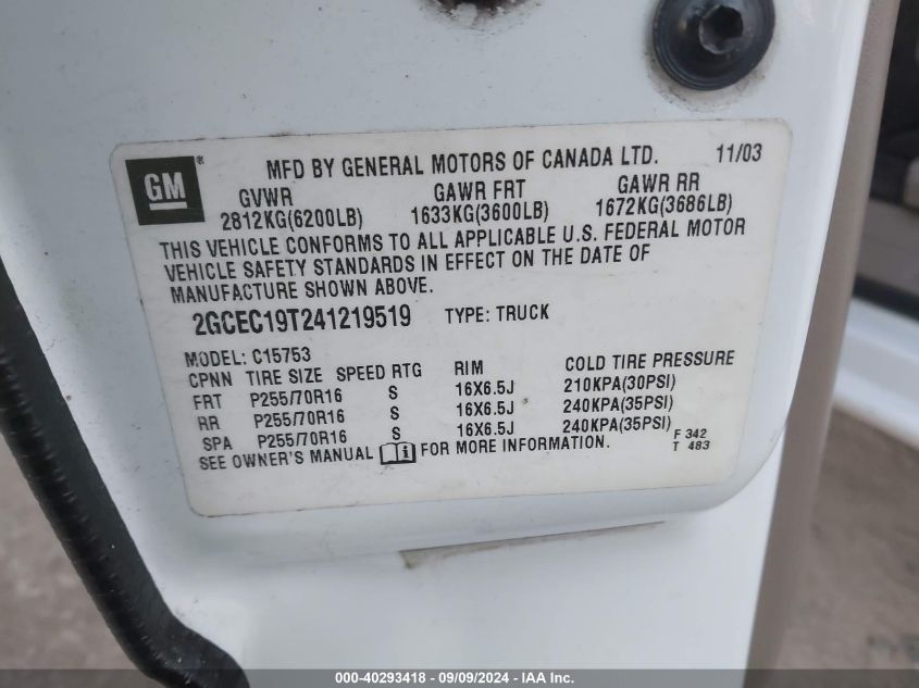 2004 Chevrolet Silverado 1500 Ls VIN: 2GCEC19T241219519 Lot: 40293418