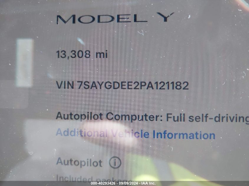 2023 Tesla Model Y Awd/Long Range Dual Motor All-Wheel Drive VIN: 7SAYGDEE2PA121182 Lot: 40293426