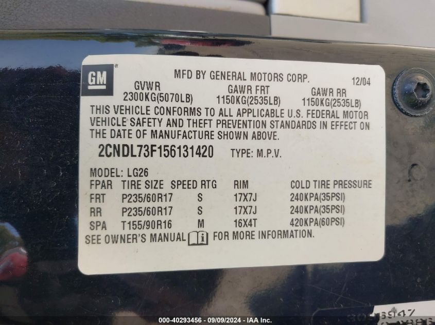 2CNDL73F156131420 2005 Chevrolet Equinox Lt