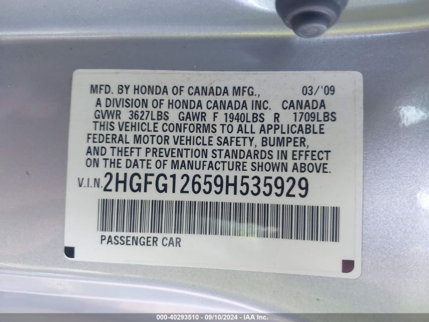 2009 Honda Civic Lx VIN: 2HGFG12659H535929 Lot: 40293510