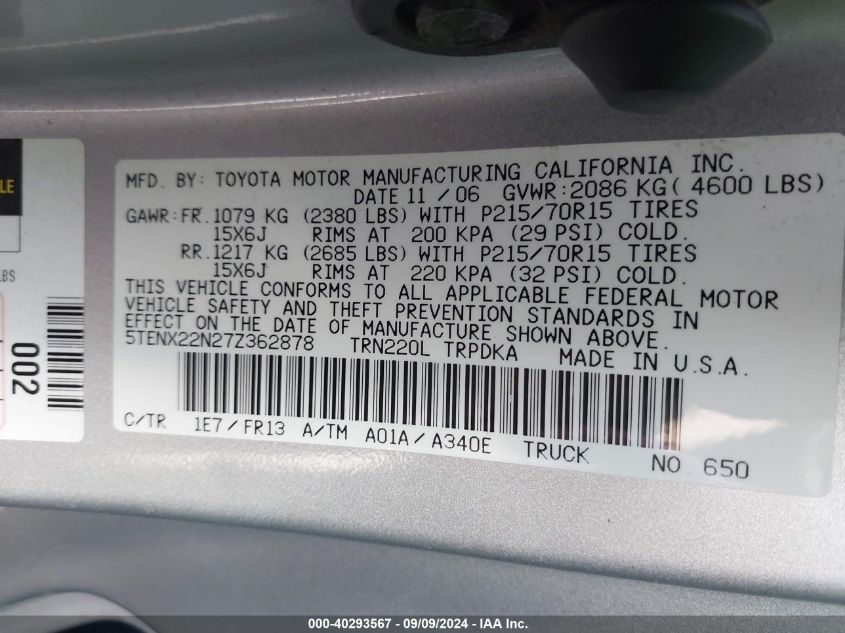 2007 Toyota Tacoma VIN: 5TENX22N27Z362878 Lot: 40293567