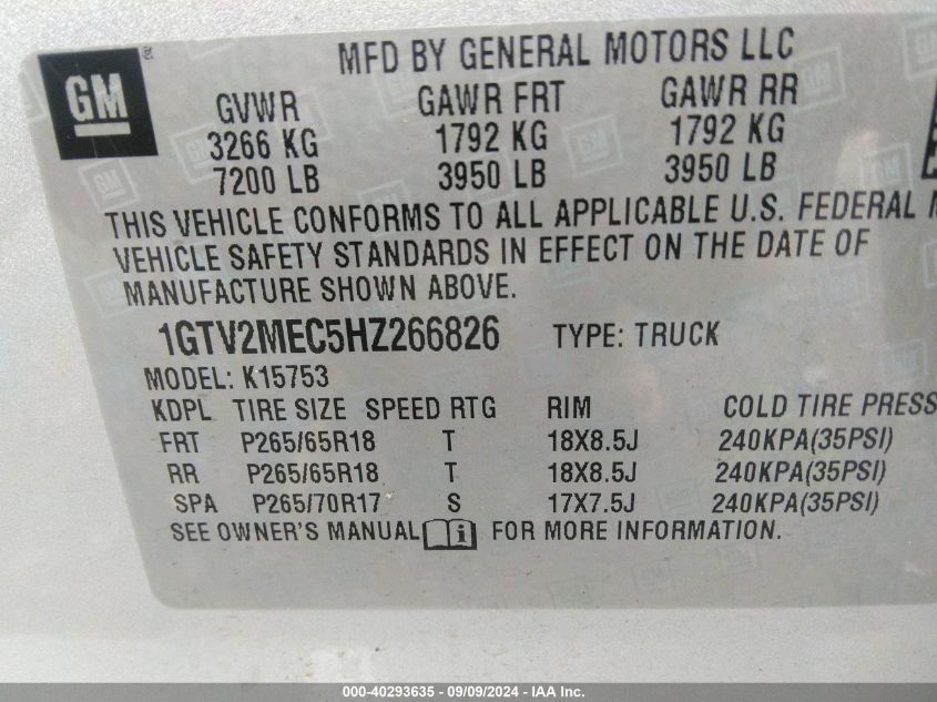 1GTV2MEC5HZ266826 2017 GMC Sierra 1500 Sle