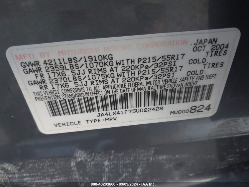 2005 Mitsubishi Outlander Xls VIN: JA4LX41F75U022428 Lot: 40293668