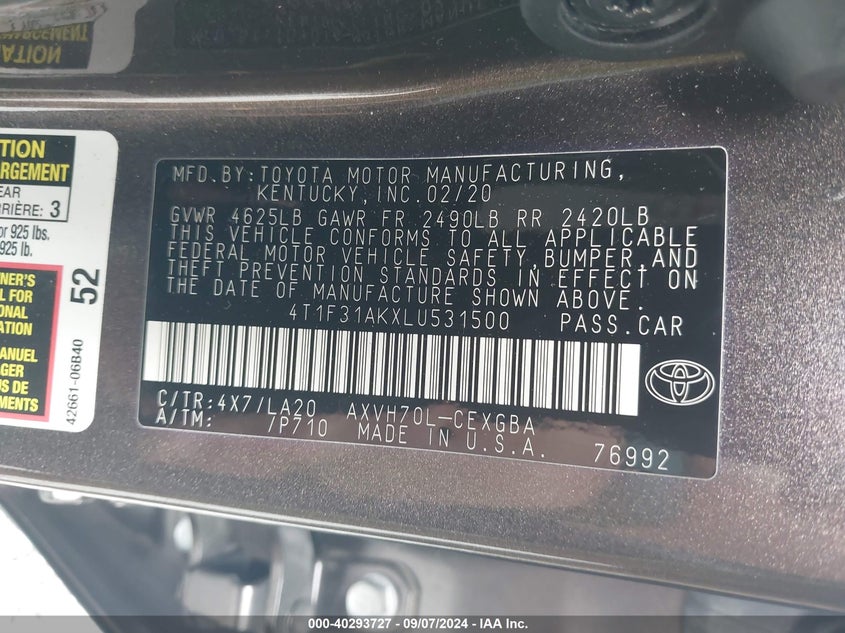 2020 TOYOTA CAMRY XLE HYBRID - 4T1F31AKXLU531500