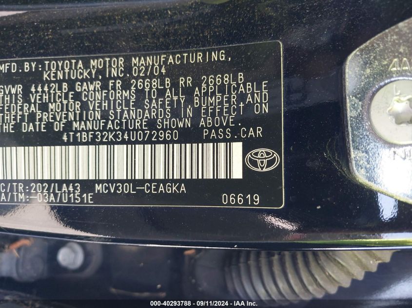 4T1BF32K34U072960 2004 Toyota Camry Le/Xle/Se