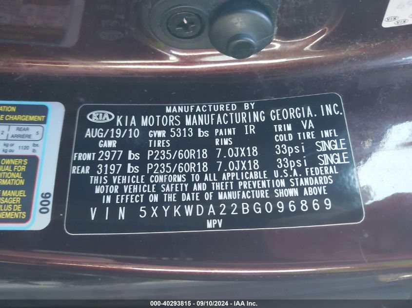 2011 Kia Sorento Sx VIN: 5XYKWDA22BG096869 Lot: 40293815