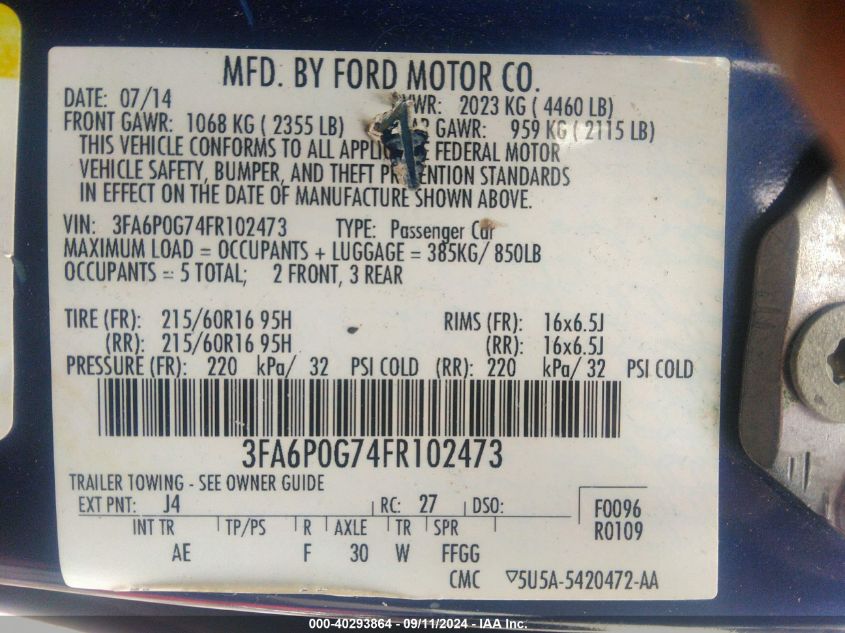 2015 FORD FUSION S - 3FA6P0G74FR102473