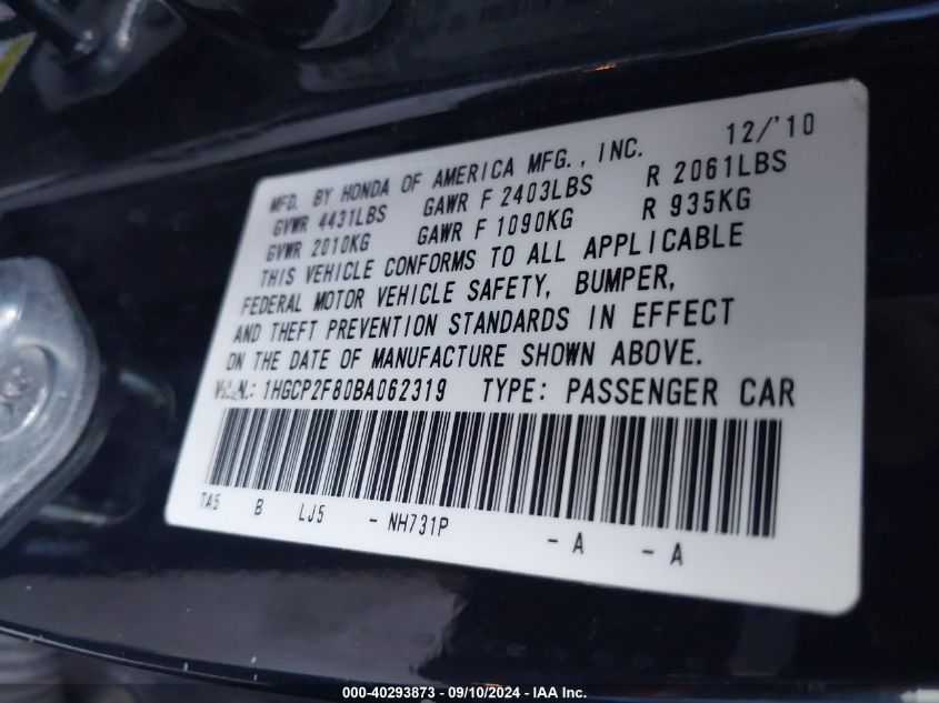 1HGCP2F80BA062319 2011 Honda Accord Exl