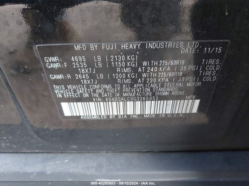 2016 SUBARU OUTBACK 2.5I LIMITED - 4S4BSALC0G3265052