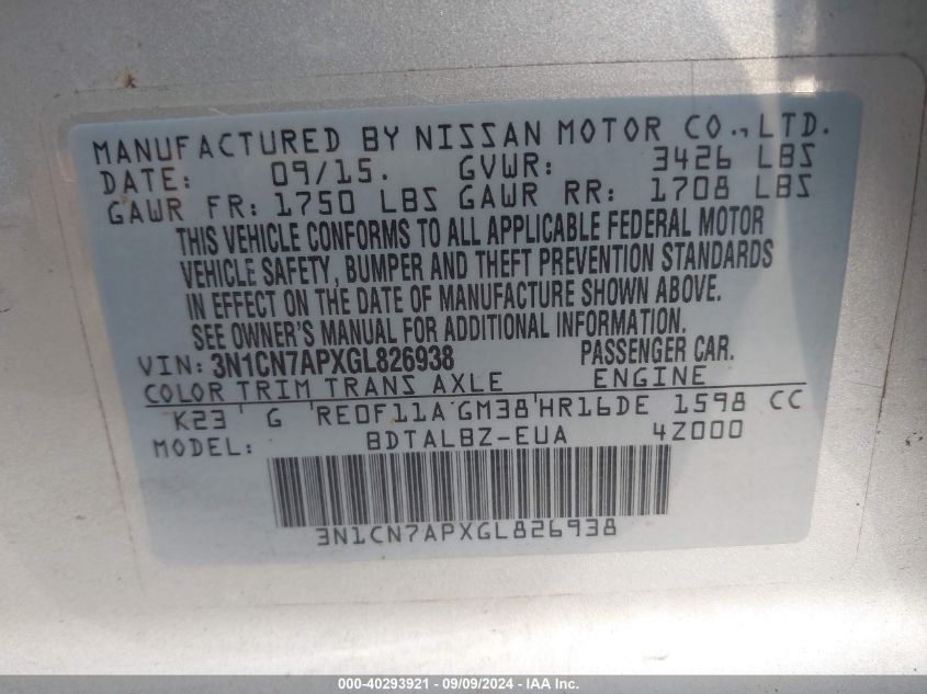 3N1CN7APXGL826938 2016 Nissan Versa S/S Plus/Sv/Sl