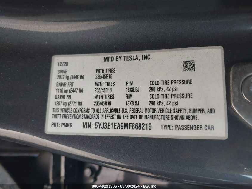 2021 Tesla Model 3 Standard Range Plus Rear-Wheel Drive VIN: 5YJ3E1EA9MF868219 Lot: 40293936