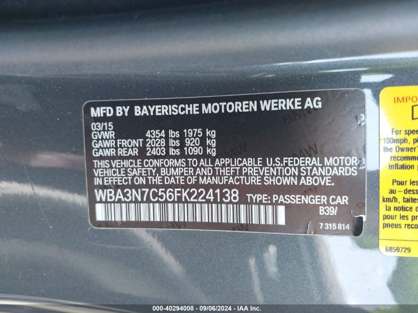 2015 BMW 428I VIN: WBA3N7C56FK224138 Lot: 40294008