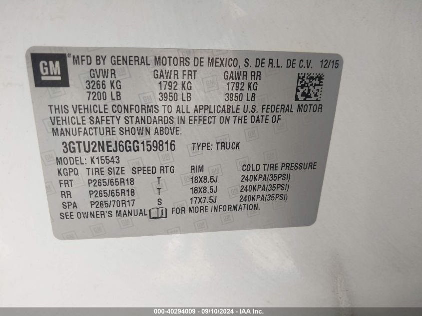 3GTU2NEJ6GG159816 2016 GMC Sierra K1500 Slt