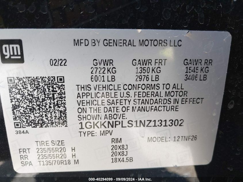 2022 GMC Acadia Fwd Denali VIN: 1GKKNPLS1NZ131302 Lot: 40294099