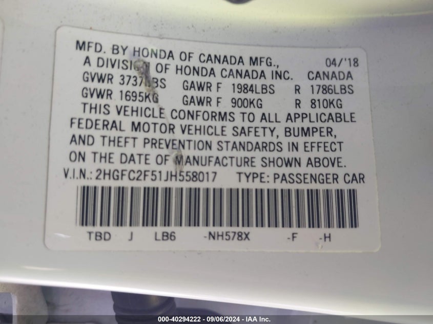 VIN 2HGFC2F51JH558017 2018 HONDA CIVIC LX