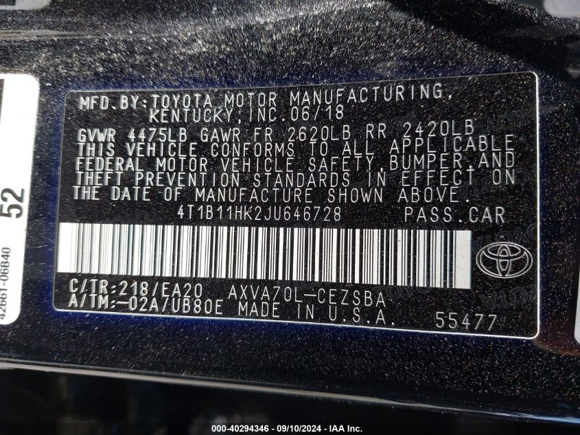 4T1B11HK2JU646728 2018 Toyota Camry Se