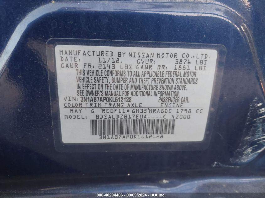 3N1AB7AP0KL612128 2019 Nissan Sentra Sv