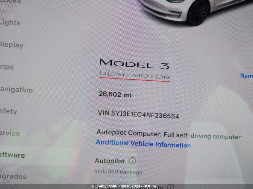 2022 Tesla Model 3 Performance Dual Motor All-Wheel Drive VIN: 5YJ3E1EC4NF236554 Lot: 40294506