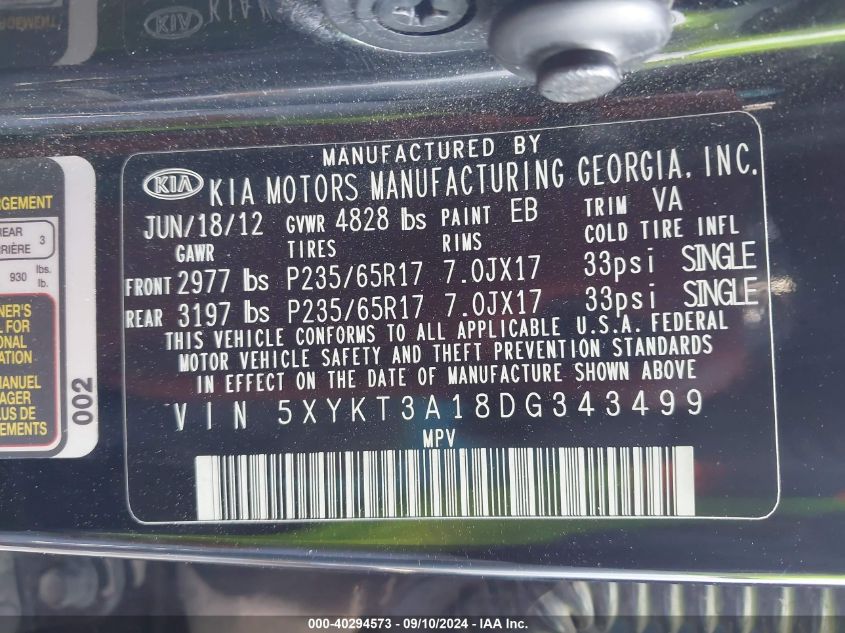 5XYKT3A18DG343499 2013 Kia Sorento Lx