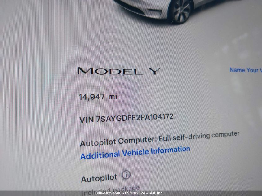 2023 Tesla Model Y VIN: 7SAYGDEE2PA104172 Lot: 40294580