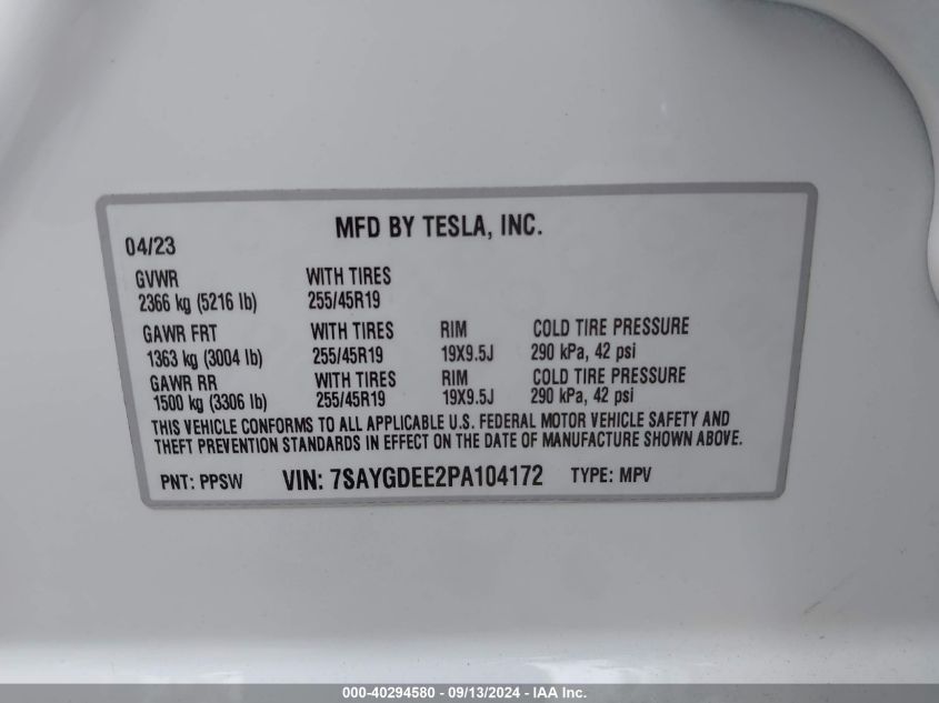 2023 Tesla Model Y VIN: 7SAYGDEE2PA104172 Lot: 40294580