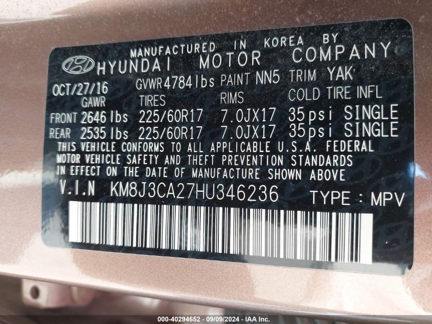 KM8J3CA27HU346236 2017 Hyundai Tucson Eco