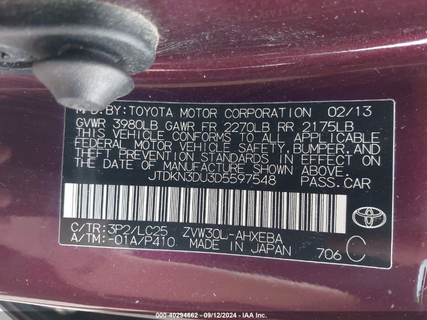 JTDKN3DU3D5597548 2013 Toyota Prius Three Se