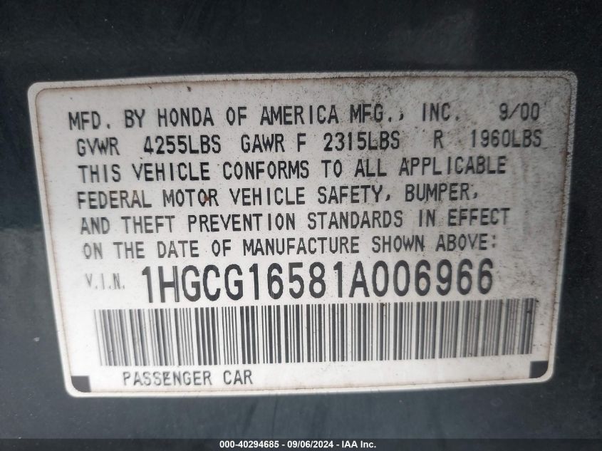 2001 Honda Accord 3.0 Ex VIN: 1HGCG16581A006966 Lot: 40294685