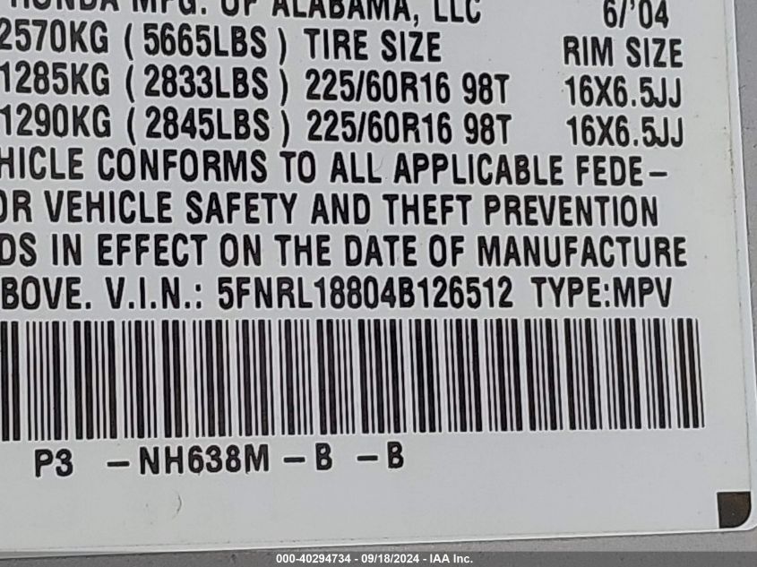 5FNRL18804B126512 2004 Honda Odyssey Ex