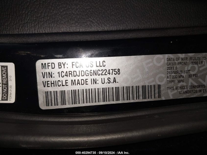 2022 Dodge Durango Gt VIN: 1C4RDJDG6NC224758 Lot: 40294735