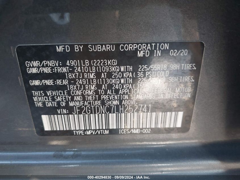 JF2GTDNC7LH252741 2020 Subaru Crosstrek Hybrid