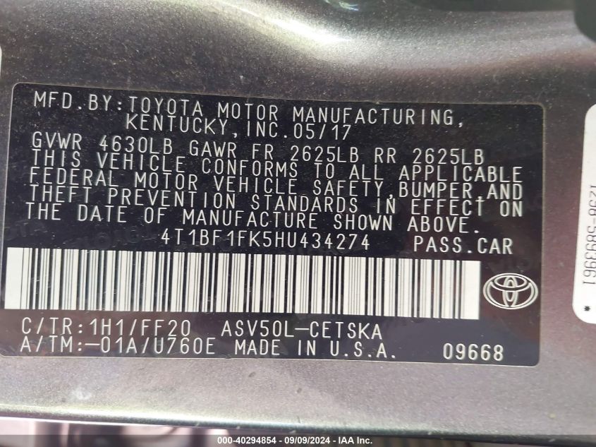 4T1BF1FK5HU434274 2017 Toyota Camry Se