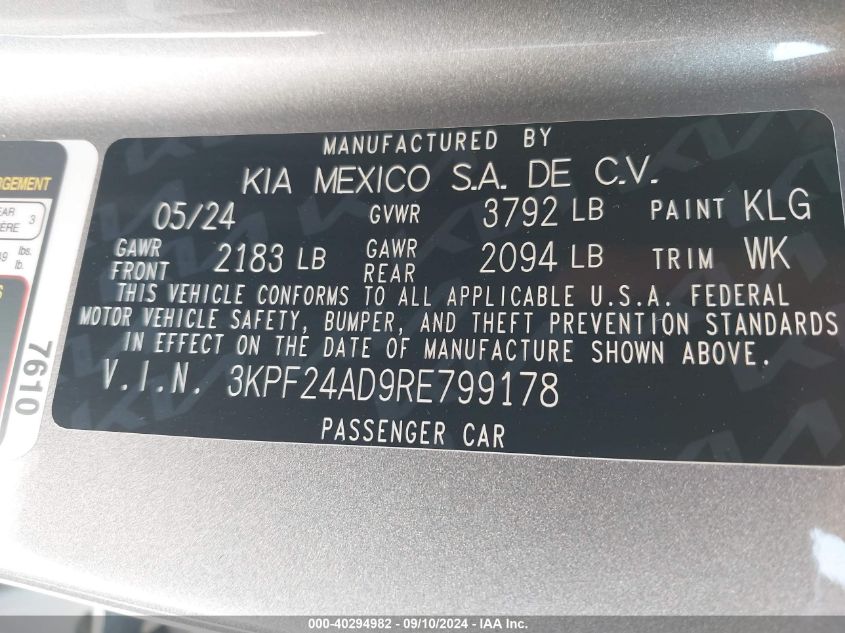 2024 Kia Forte Lx/Lxs VIN: 3KPF24AD9RE799178 Lot: 40294982