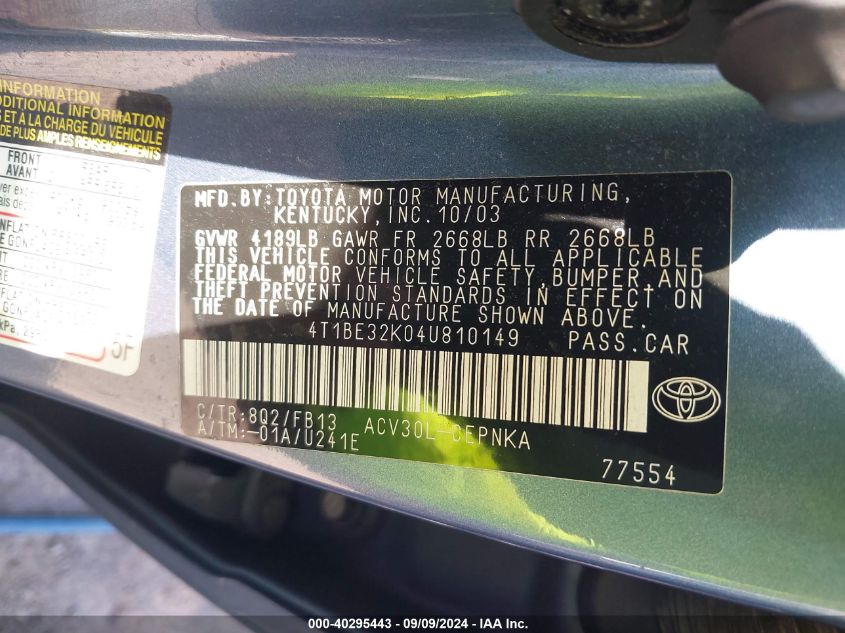 4T1BE32K04U810149 2004 Toyota Camry Le