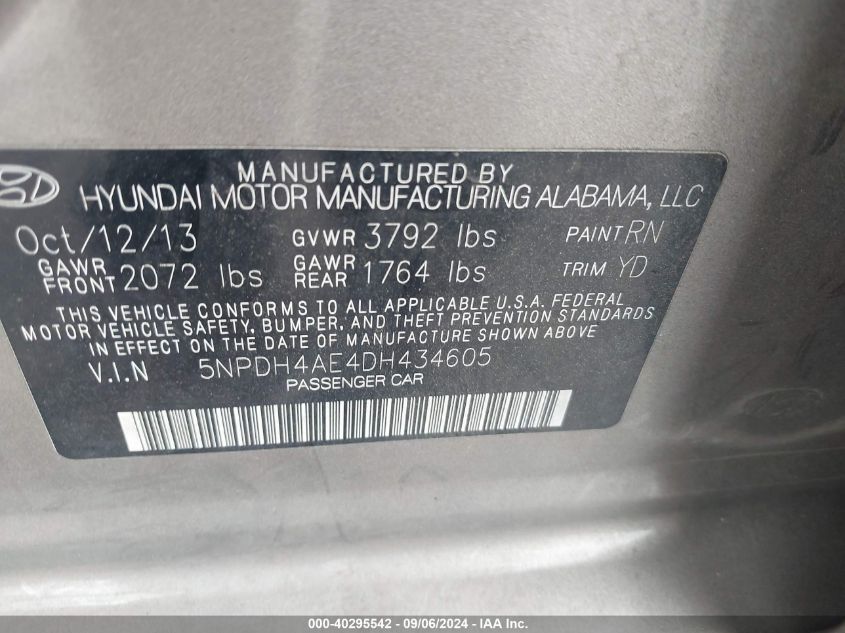 5NPDH4AE4DH434605 2013 Hyundai Elantra Gls