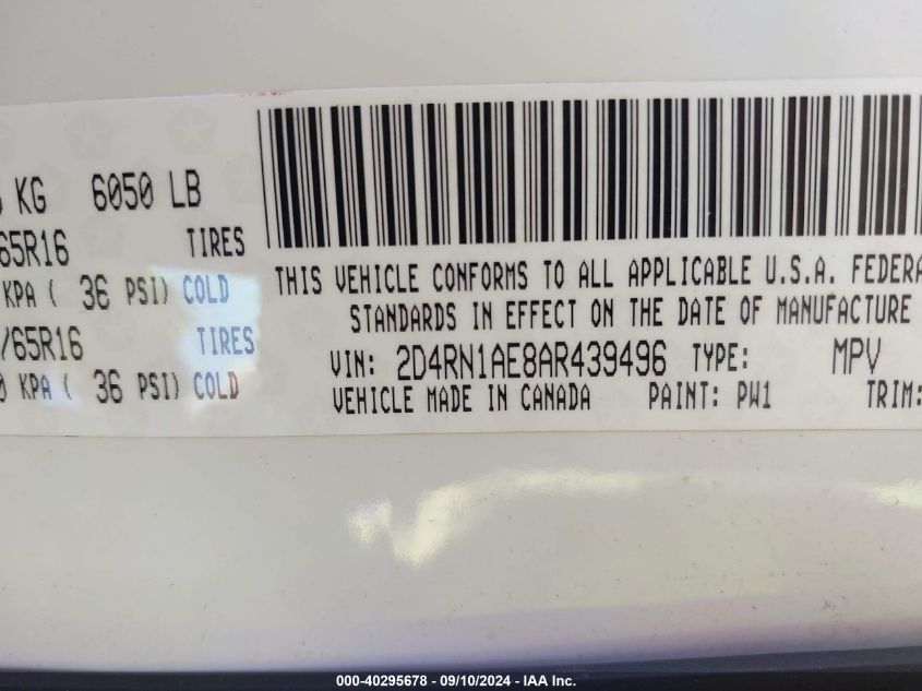 2010 Dodge Grand Caravan C/V VIN: 2D4RN1AE8AR439496 Lot: 40295678