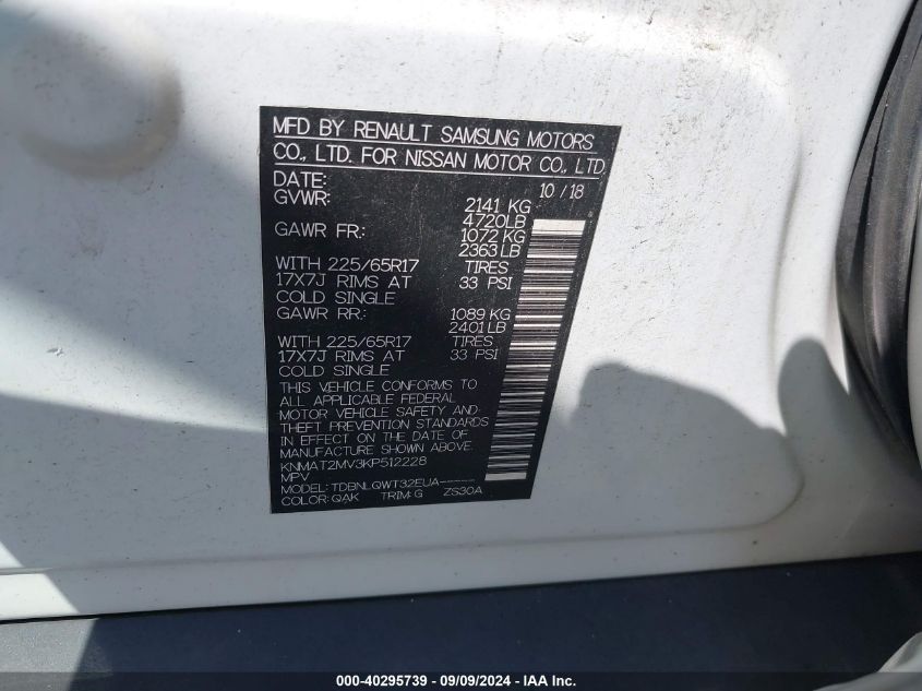 2019 NISSAN ROGUE SV - KNMAT2MV3KP512228