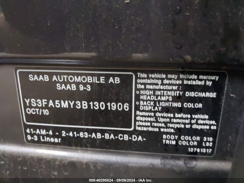 YS3FA5MY3B1301906 2011 Saab 9-3 Turbo4