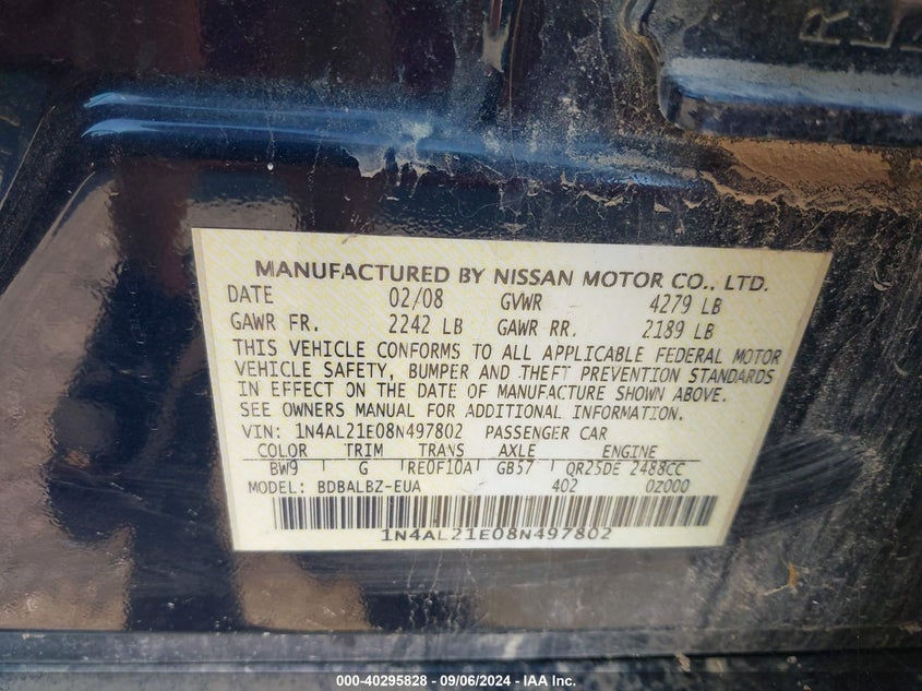 2008 Nissan Altima 2.5 S VIN: 1N4AL21E08N497802 Lot: 40295828