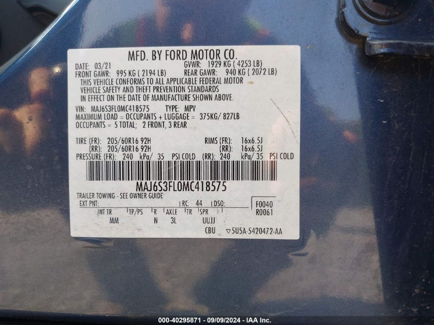 MAJ6S3FL0MC418575 2021 Ford Ecosport S