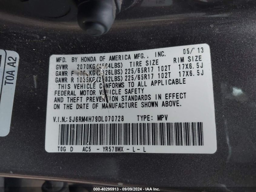 2013 HONDA CR-V EXL - 5J6RM4H79DL070728