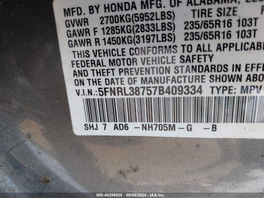 2007 Honda Odyssey Ex-L VIN: 5FNRL38757B409334 Lot: 40295925