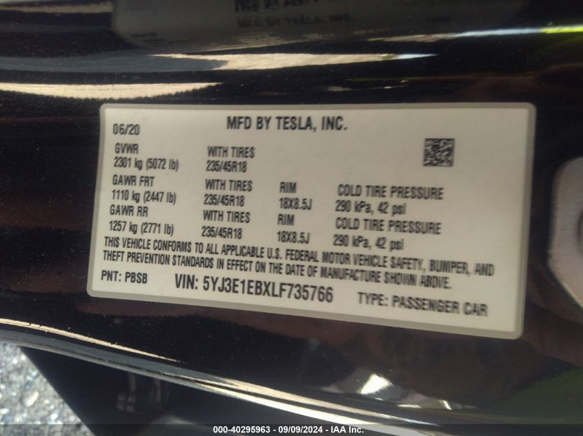 2020 Tesla Model 3 Long Range Dual Motor All-Wheel Drive VIN: 5YJ3E1EBXLF735766 Lot: 40295963