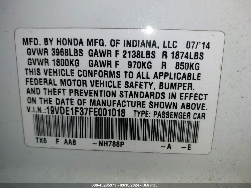 2015 Acura Ilx 20 VIN: 19VDE1F37FE001018 Lot: 40295973