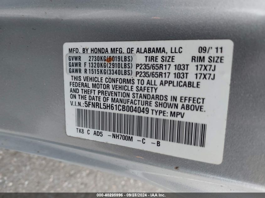 2012 Honda Odyssey Ex-L VIN: 5FNRL5H61CB004049 Lot: 40295996