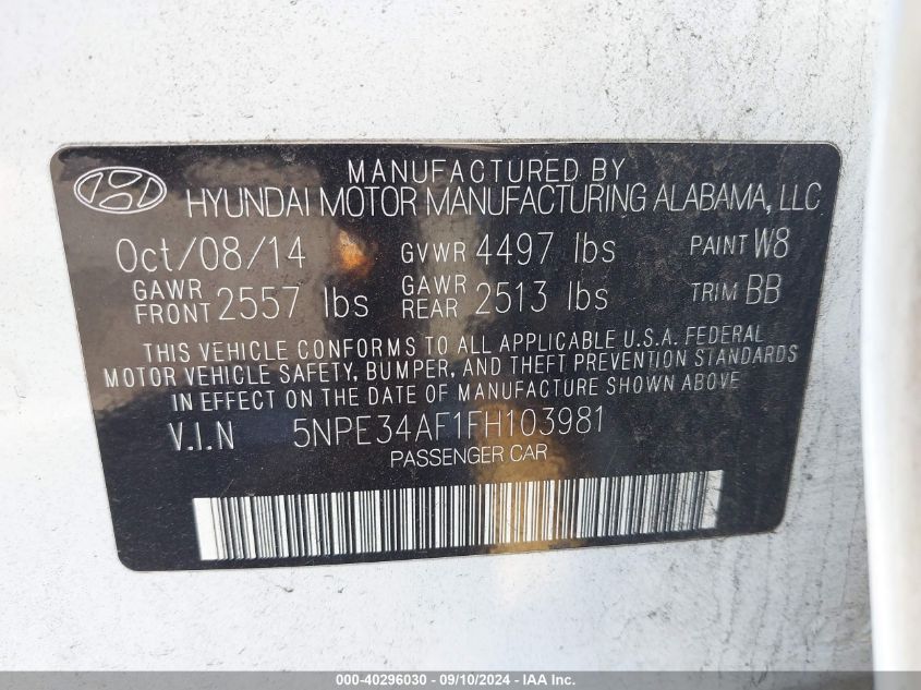 2015 Hyundai Sonata Limited VIN: 5NPE34AF1FH103981 Lot: 40296030